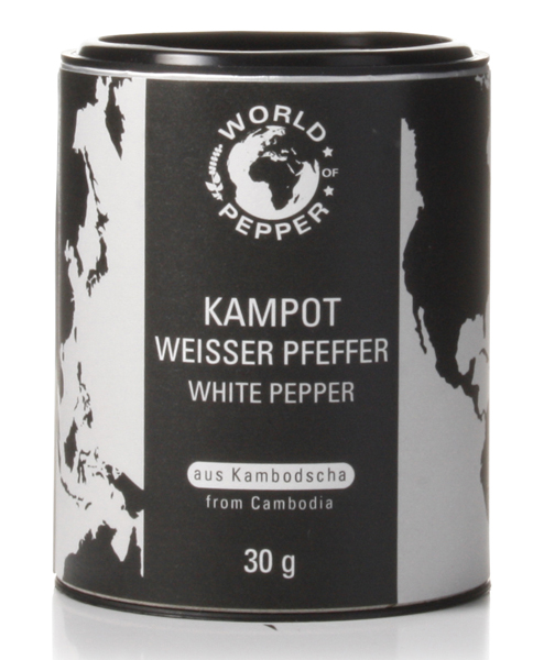 World of Pepper, Kampot Pfeffer weiß, 30 g Intensiver Pfeffer für die Mühle. Passt gut zu Fisch und Meeresfrüchten